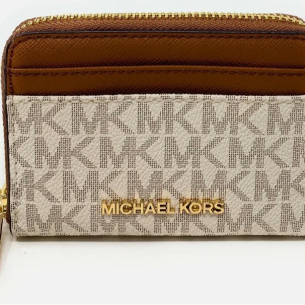 Michael kors mk jetset jet set wallet Zipper white and tan zip around case card